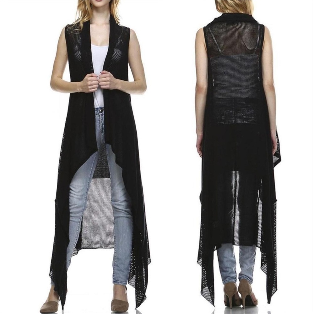 BLACK OPEN FRONT LONG VEST - Picture 2 of 4